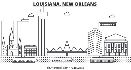 Louisiana, New Orleans architecture line skyline illustration. Linear vector cityscape with famous landmarks, city sights, design icons. Landscape wtih editable strokes