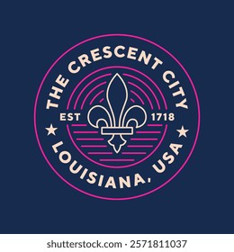 Louisiana, New Orleans travel logo. The crescent City. Neon style, editable stroke. Thin vector icon set