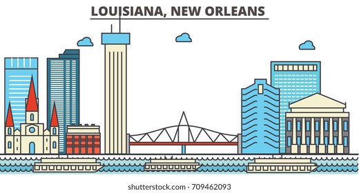 Louisiana, New Orleans.City skyline: architecture, buildings, streets, silhouette, landscape, panorama, landmarks, icons. Editable strokes. Flat design line vector illustration concept.