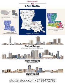 Louisiana parishes map and congressional districts since 2023 map. Skylines of Baton Rouge (state's capital), New Orleans and Shreveport. Vector set