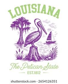 Louisiana The Pelican State - Estados Unidos Estado Cityscape T-shirt Vetor, Ícones americanos de referência, Vintage Estados Cityscape Camisa, Retro Travel City Art, Estados Citações de referência, Estado de férias Ilustração