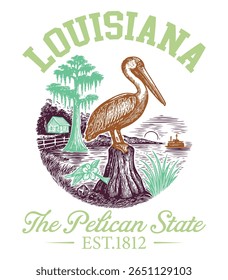 Louisiana The Pelican State - US State Vintage T-shirt Vector, USA States Cityscape Landmark Icons, American State Typography Shirt, USA Skyline Clipart, Retro travel city illustration