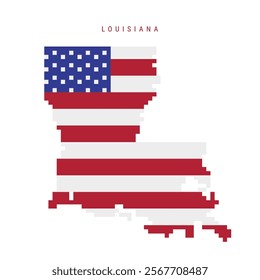 Louisiana pixel flag map icon. 8 bit pixel art map covered with american flag. Flat vector illustration isolated on white background.