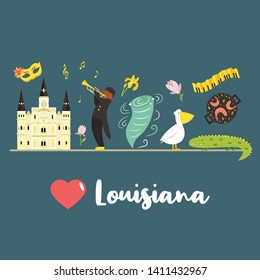 Louisiana poster with famous attractions and symbols.For festival banners, posters, travel leaflets, tour guides