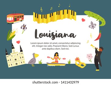 Louisiana poster with famous attractions and symbols, place for text. For festival banners, posters, travel leaflets, tour guides