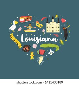 Louisiana poster with famous attractions and symbols. For festival banners, posters, travel leaflets, tour guides
