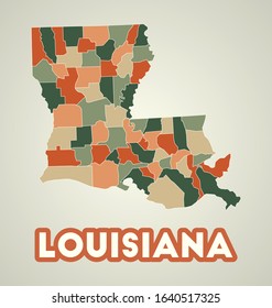 Louisiana poster in retro style. Map of the us state with regions in autumn color palette. Shape of Louisiana with us state name. Awesome vector illustration.