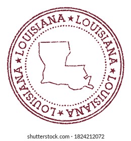 Louisiana round rubber stamp with US state map. Vintage red passport stamp with circular text and stars, vector illustration.