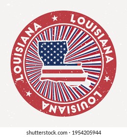 Louisiana round stamp. Logo of US state with flag. Vintage badge with circular text and stars, vector illustration.