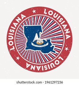 Louisiana round stamp. Logo of US state with state flag. Vintage badge with circular text and stars, vector illustration.