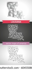 Louisiana set of grey and silver mosaic 3d polygonal maps.  Graphic vector triangle geometry outline shadow perspective maps