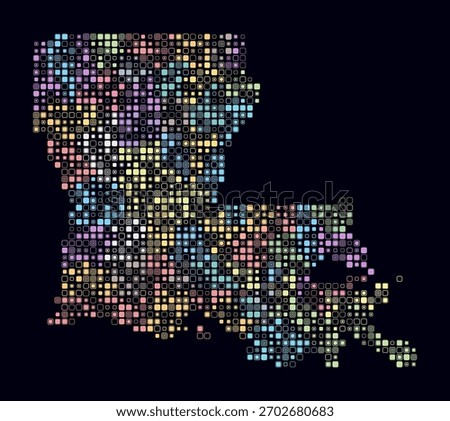 Louisiana, shape of the state build of colored cells. Digital style map of the Louisiana on dark background. Small size rounded square blocks. Creative vector illustration.