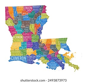 Louisiana shape. State word cloud with county division. Louisiana colored illustration. County names cloud. Vector illustration.