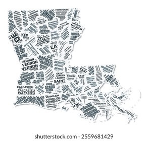 Louisiana shape text cloud. State border with shadow on white background. Louisiana with counties division in vintage gazette style. Creative vector illustration.