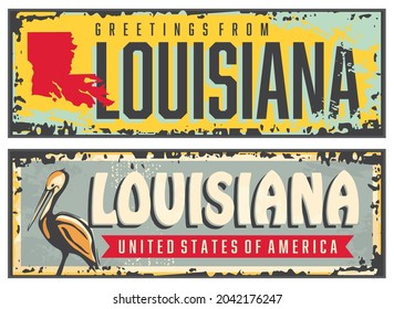 Louisiana signs set with Louisiana state map shape and pelican bird. Retro USA signs collection, vintage greeting cards or souvenirs template. Vector illustration.