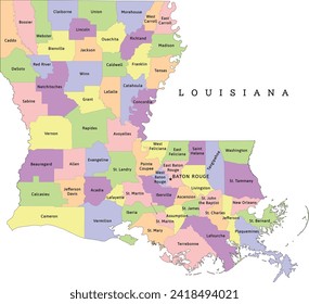 Louisiana state administrative map with counties. Clored. Vectored. Bright colors