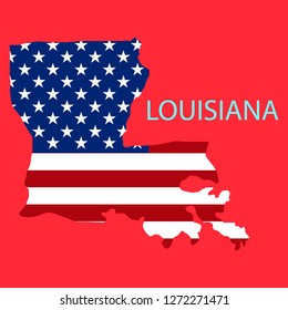 Louisiana state of America with map. Flag print on map of USA for geographic themes. Map of Louisiana state.