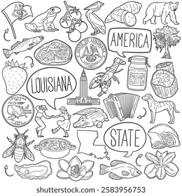 Louisiana State Doodle Icons Black and White Line Art. United States Clipart Hand Drawn Symbol Design.