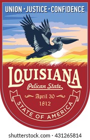 Louisiana state emblem, sunrise on a red background