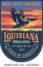 Louisiana state emblem, sunset on a blue background