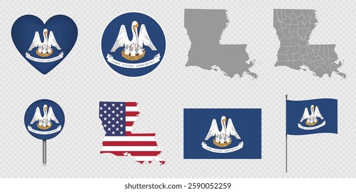 Louisiana State Flags and Maps Icon Pack. Vector illustration.