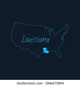 Louisiana state highlighted on United States of America map , USA infographics template. Stock vector illustration isolated on blue background.