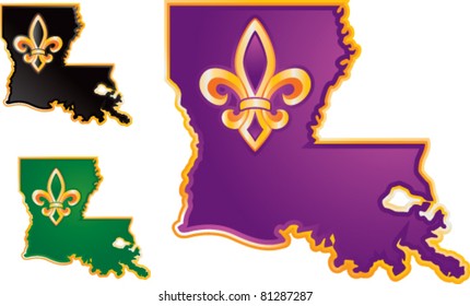 Louisiana-Statussymbole auf violettem, schwarzem und grünem Hintergrund