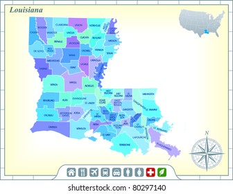 Louisiana State Map with Community Assistance and Activates Icons Original Illustration