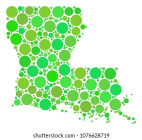 Louisiana State Map composition of random filled circles in different sizes and ecological green color tones. Vector circle elements are grouped into louisiana state map mosaic.