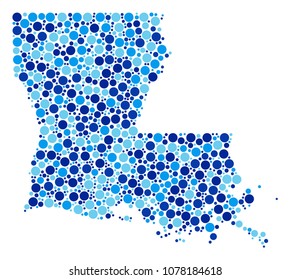 Louisiana State Map composition of round spots in variable sizes and blue color tinges. Random round elements are organized into Louisiana State Map collage.