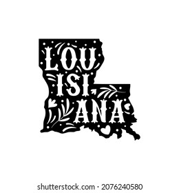 Louisiana state map with doodle decorative ornaments. For printing on souvenirs and T-shirts