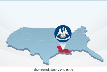 Louisiana state map on United States of America map in perspective. Vector presentation.