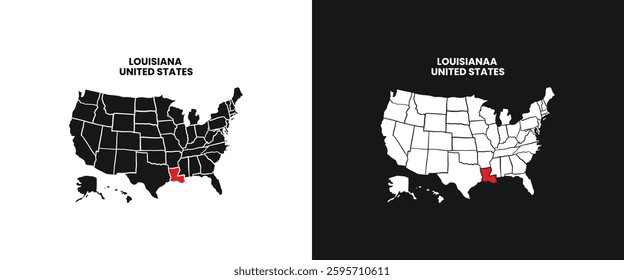 louisiana state map. louisiana map with red mark on america map. vector illustration of louisiana state map.