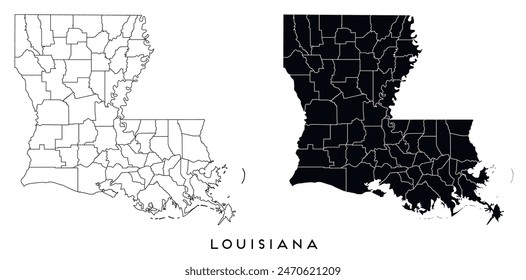 Louisiana state map of regions districts vector black on white and outline