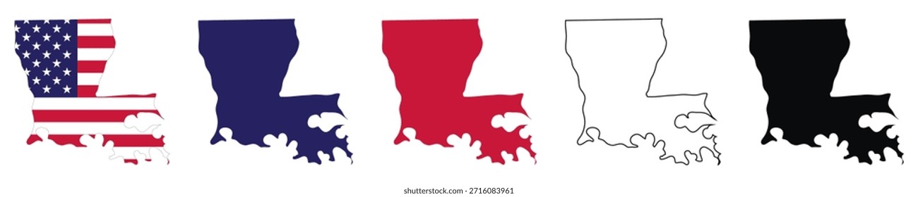 A Louisiana state map vector illustration set featuring outline and solid fill styles, with American flag in blue, red, and black, perfect for geography education, Travel guides, and patriotic designs