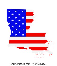 Louisiana state map vector silhouette illustration. United States of America flag over Louisiana map. USA, American national symbol of pride and patriotism. Vote election campaign banner.