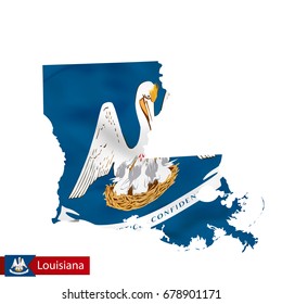 Louisiana state map with waving flag of US State. Vector illustration.