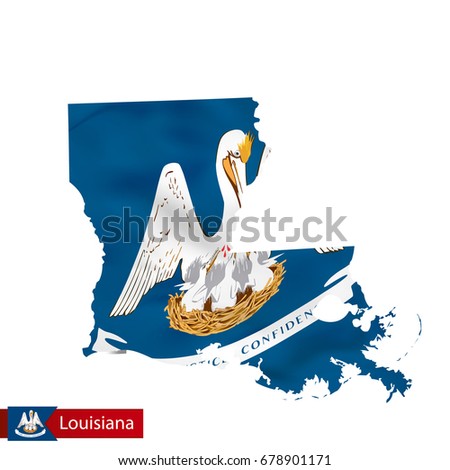 Louisiana state map with waving flag of US State. Vector illustration.