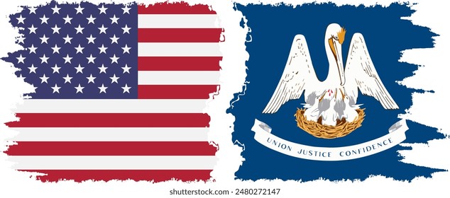 Louisiana state and USA grunge flags connection, vector