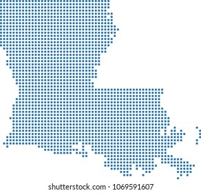 Louisiana state of USA map dots vector outline illustration in blue background. Dotted map of Louisiana state of United States of America. Creative pixel art map with highly detailed border 