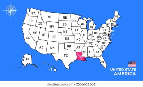 Louisiana State, USA, vector map isolated on United states map.