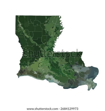 Louisiana state vector map featuring a realistic Landsat satellite texture. This detailed illustration highlights terrain, wetlands, rivers, and coastal features—ideal for educational use, infographic