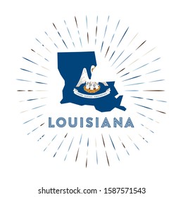 Louisiana sunburst badge. The us state sign with map of Louisiana with state flag. Colorful rays around the logo. Vector illustration.