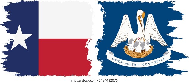 Louisiana and Texas states grunge brush flags connection, vector