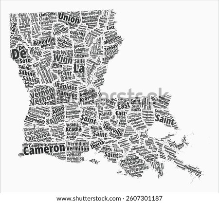Louisiana Text Style Counties. State region names word clouds in the English language. Beautiful vector illustration.