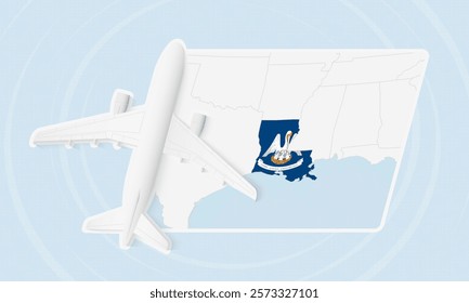 Louisiana Travel Illustration with Plane and National Flag. Ideal for travel agencies, promotional materials, or geographic content related to Louisiana.