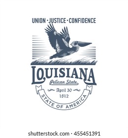 Louisiana Union, Justice, Confidence, stylized emblem of the state of America, Pelican, blue color