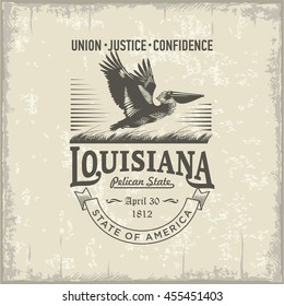 Louisiana Union, Justice, Confidence, stylized emblem of the state of America, Pelican, vintage