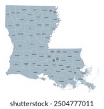 Louisiana, U.S. state, gray political map with borders and parish names. State in the Deep South and South Central regions of the United States, subdivided into 64 parishes. Nicknamed Pelican State.