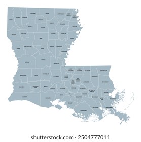 Louisiana, U.S. state, gray political map with borders and parish names. State in the Deep South and South Central regions of the United States, subdivided into 64 parishes. Nicknamed Pelican State.